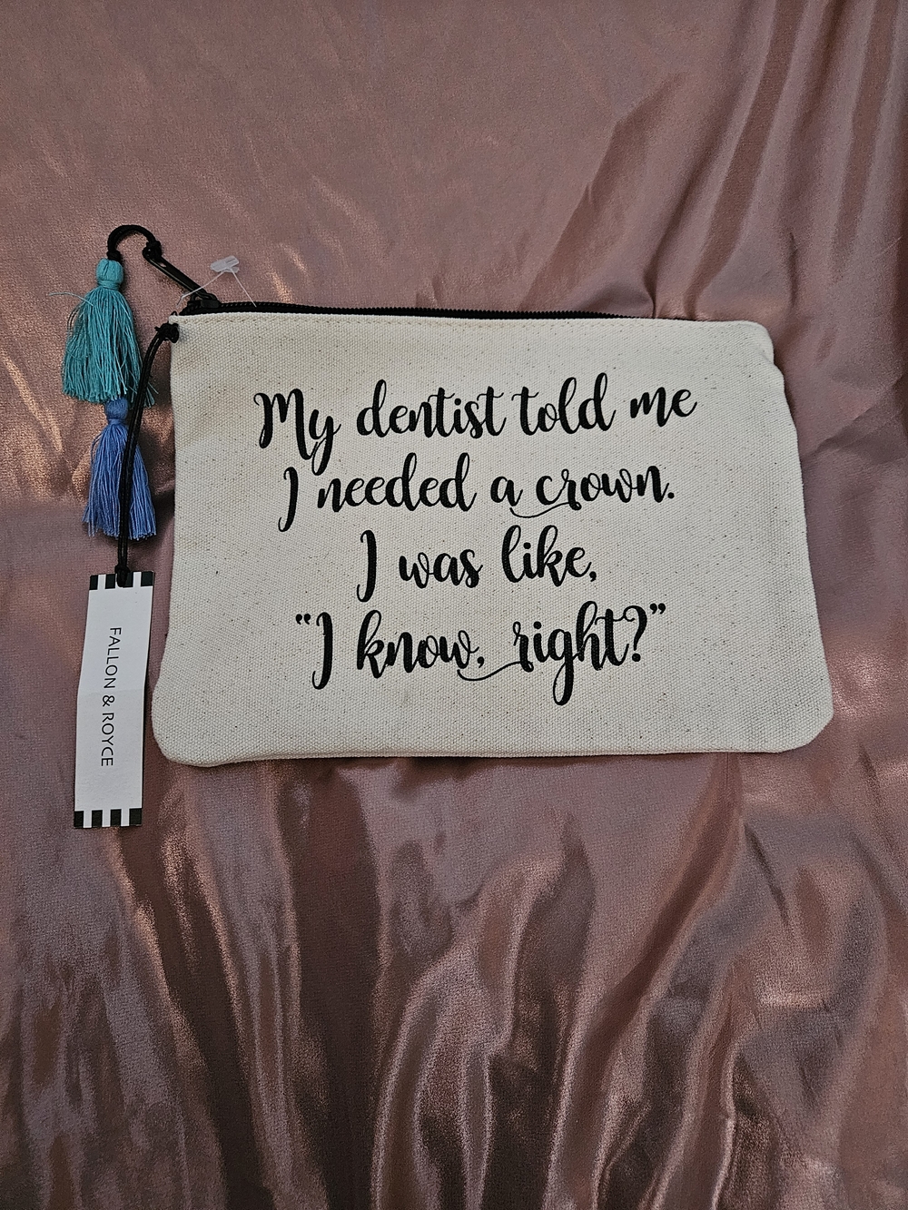 Canvas Zip Pouch with Tassels - Neutral with Black Script